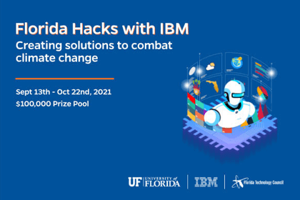 A rectangular graphic with a blue background depicts a robot. To the right side of it, its headline states Florida Hacks with IBM.
