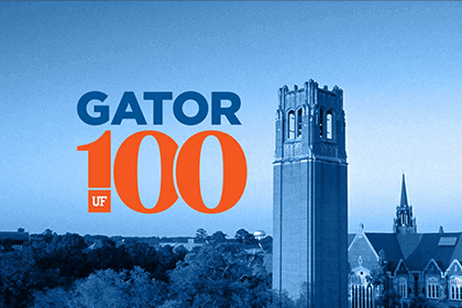 Century Tower with the Gator100 logo
