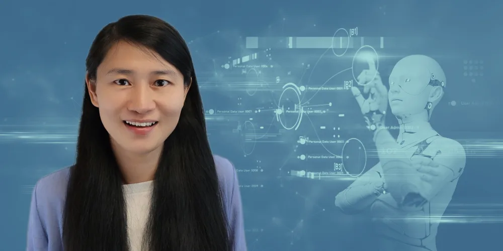 Composite image showing Rui Guo headshot overlaid on an illustration of a robot working at a digital screen.