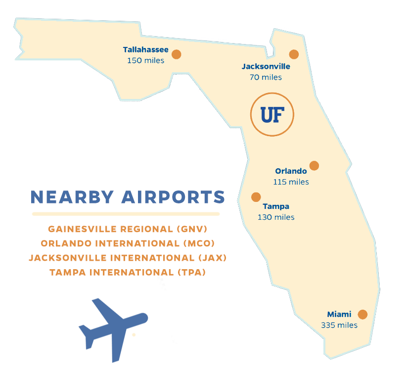 Map of Florida with nearby airports and major cities.