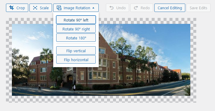 Media edit screen showing crop, scale, and rotate controls