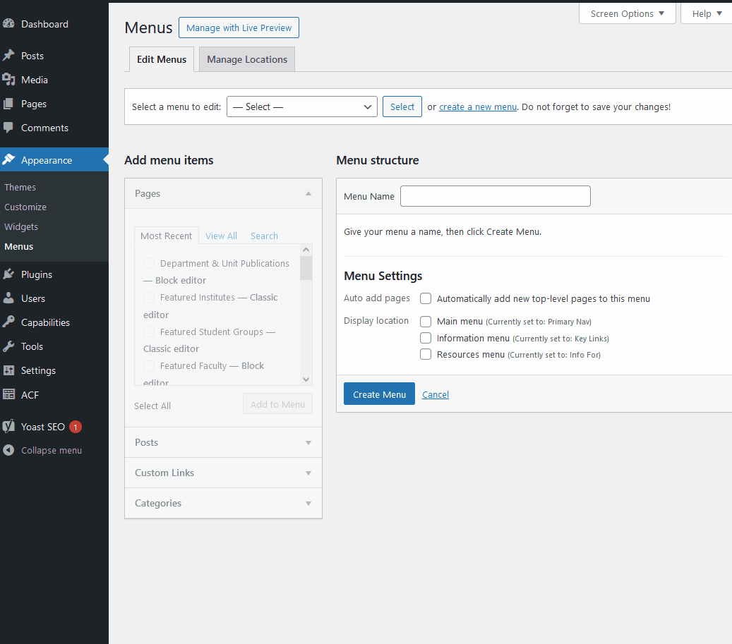 Animation showing how to select or create a menu in the Dashboard