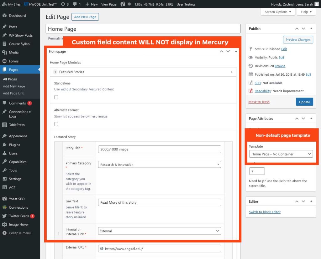 In this screenshot of the Edit Page window in WordPress, the page uses a non-default page template and has content in custom fields. A red box around these areas indicates that custom field content WILL NOT display in the Mercury theme.