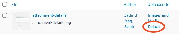 Screenshot of link to detach media from page or post