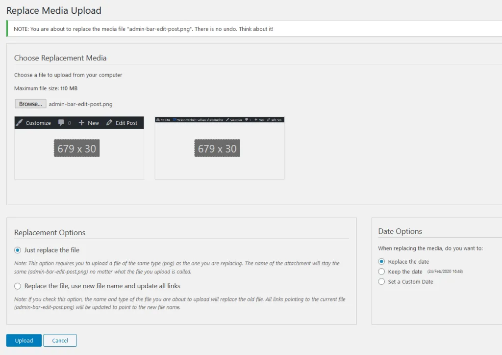 Screenshot of replace media upload screen