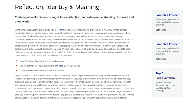 Webpage layout with a main text area on the left and a sidebar on the right containing three stacked call-to-action cards.