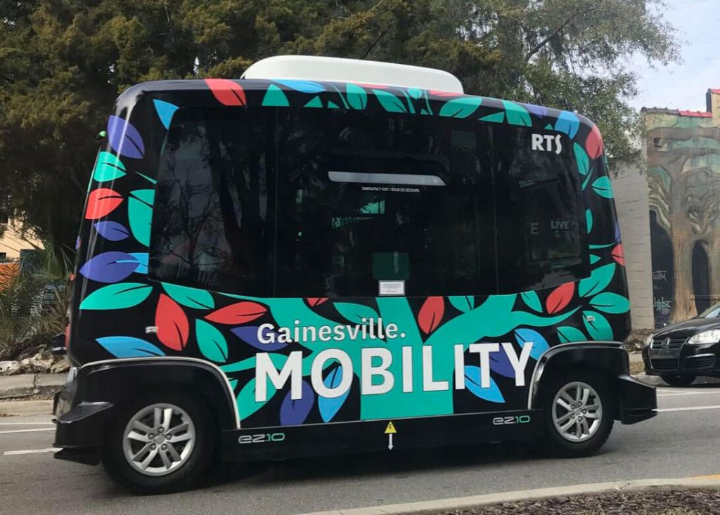 The autonomous shuttle in downtown Gainesville.