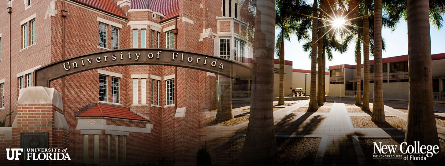 Composite image of the UF campus entrance and the palm court at New College, Sarasota