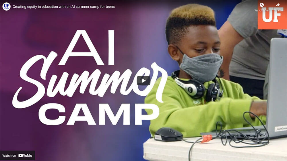 Screenshot of UF's "AI Summer Camp" video, showing a middle schooler wearing a mask participating in Camp DIALOGS