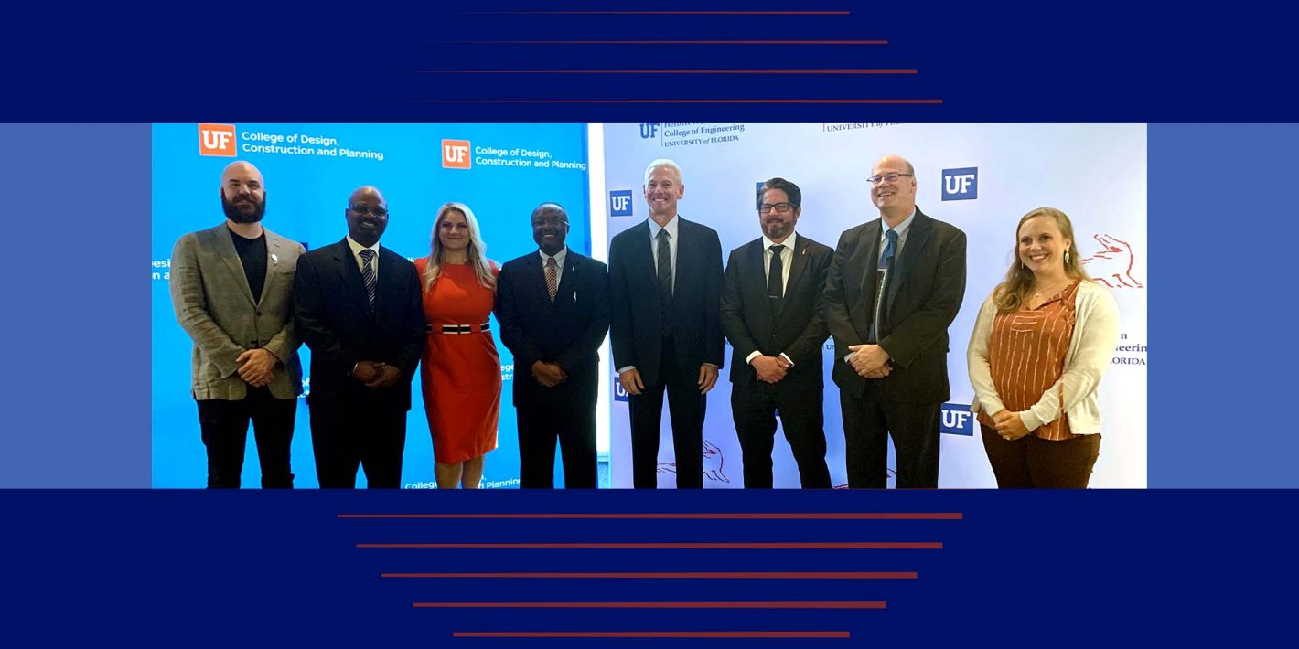 L-R: Sean Niemi, Ph.D., instructional assistant professor in MAE; Derrick Smith (Autodesk); Amy Marks (Autodesk, UF BSPR ’92), Chimay Anumba, Ph.D., dean of the UF College of Design, Construction and Planning; Steve Blum (Autodesk Executive VP and COO, UF BSEE ’87), Forrest Masters, Ph.D., P.E., interim dean of Herbert Wertheim College of Engineering; John Herridge (Autodesk); Katie Basinger-Ellis, Ph.D., instructional assistant professor in ISE