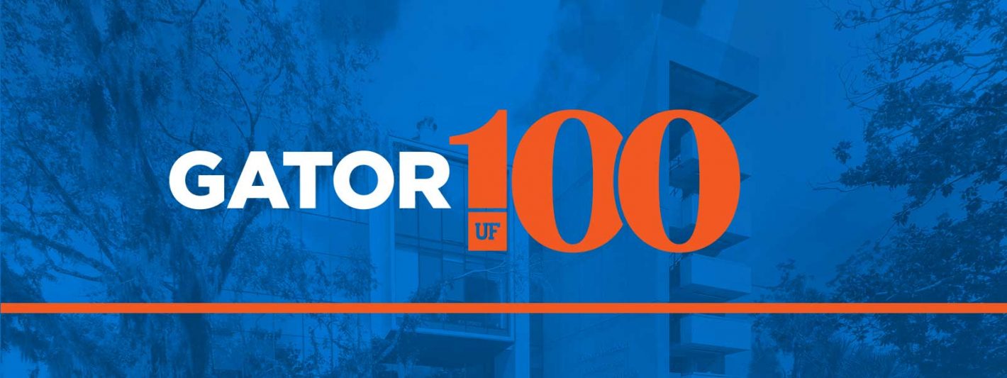 The UF Gator100 logo superimposed over a blue-screened photo of the Herbert Wertheim Laboratory for Engineering Excellence