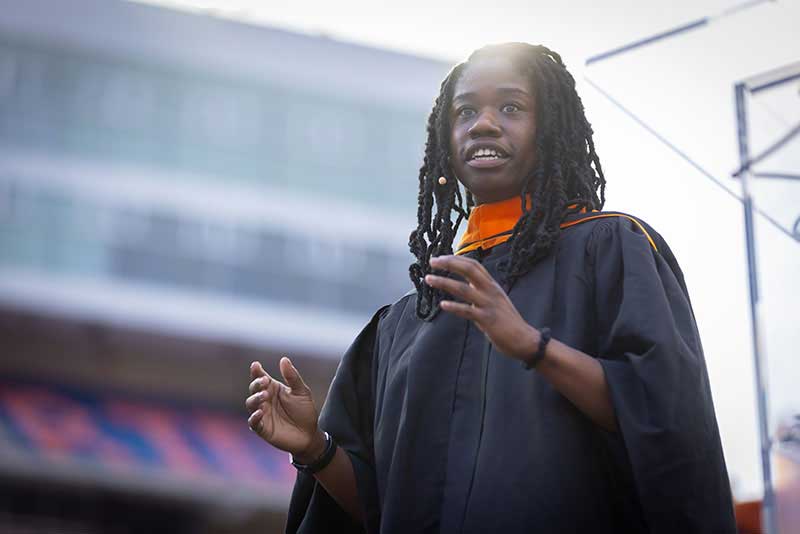 Erin Jackson speaks at the university-wide commencement speech held Friday, May 5. (Dylan Taylor/UF)