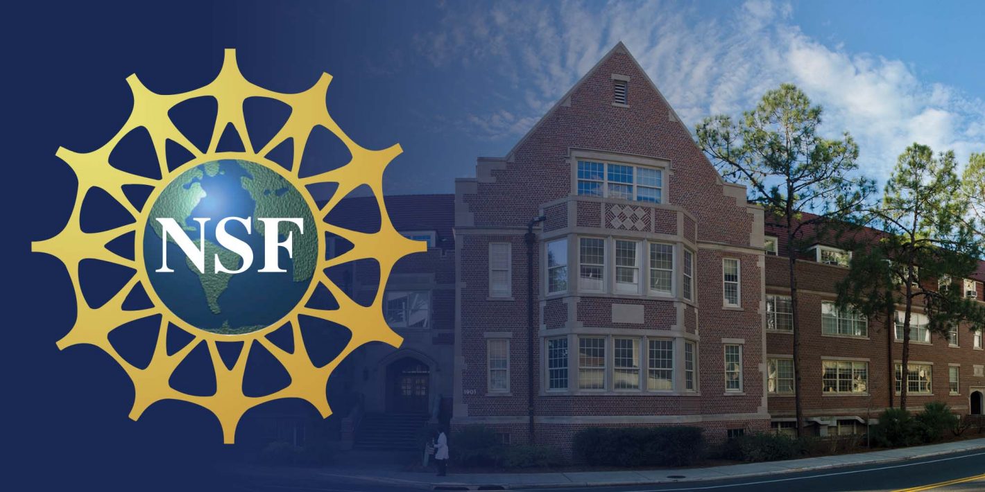 The logo for the National Science Foundation (NSF) superimposed over a photograph of Weil Hall on UF's campus