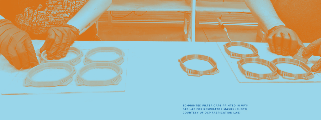 3D-printed filter caps printed in UF’s fab lab for respirator masks (photo courtesy UF DCP Fabrication Lab)