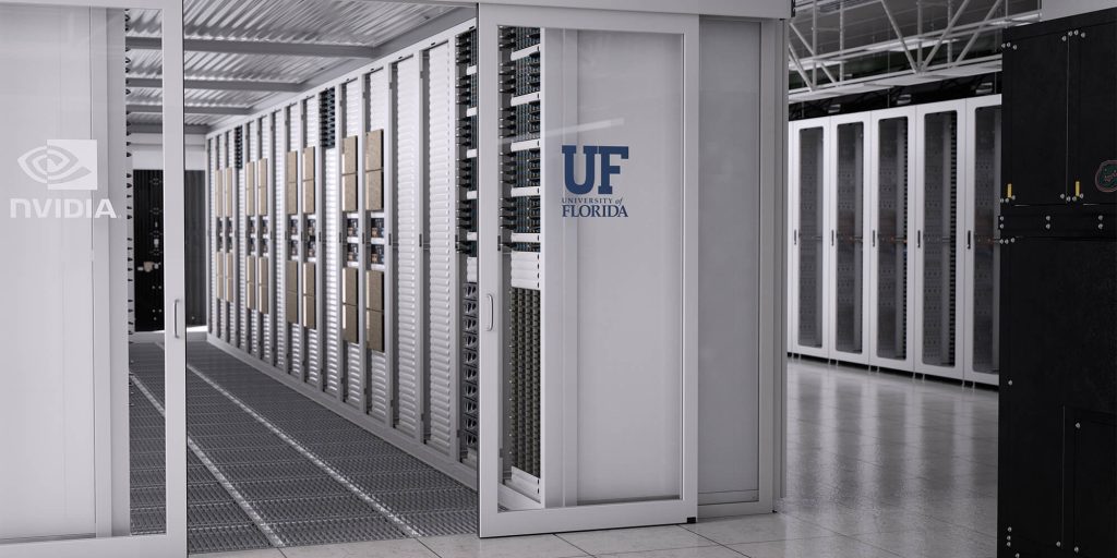 Artist's rendering of University of Florida's new AI supercomputer based on NVIDIA DGX SuperPOD architecture.