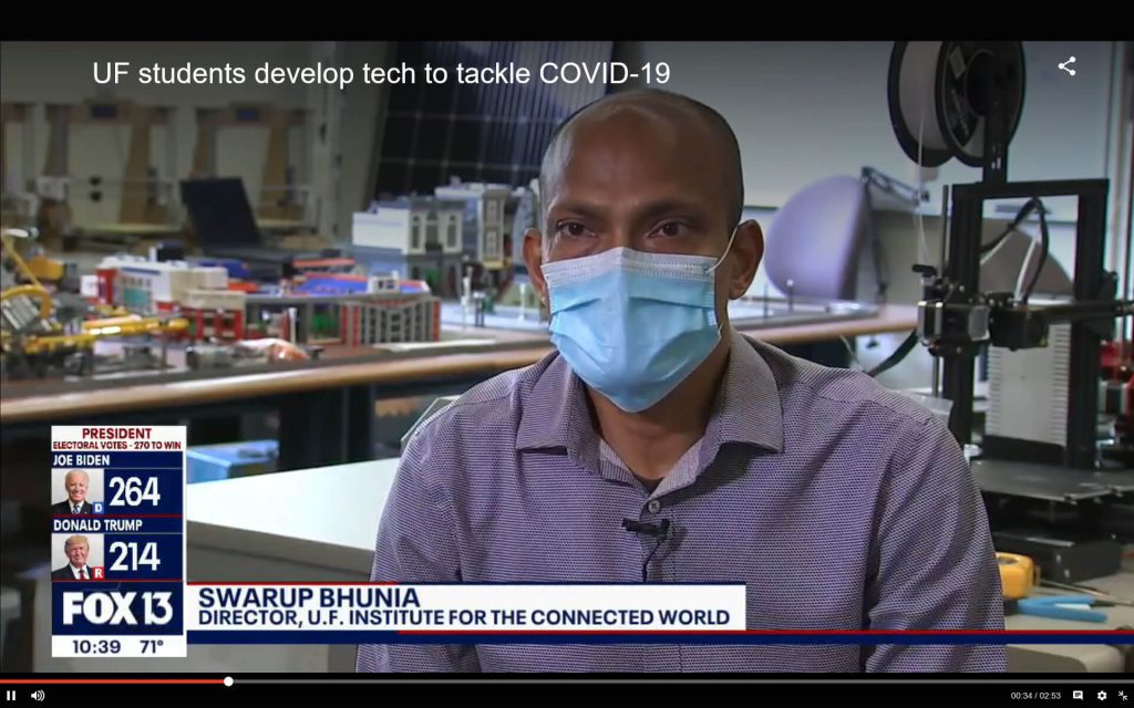 Screenshot of a news video featuring Swarup Bhunia, Ph.D., ECE speaking about devices to fight viruses