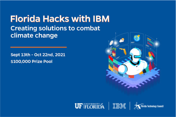 A rectangular graphic with a blue background depicts a robot. To the right side of it, its headline states Florida Hacks with IBM.