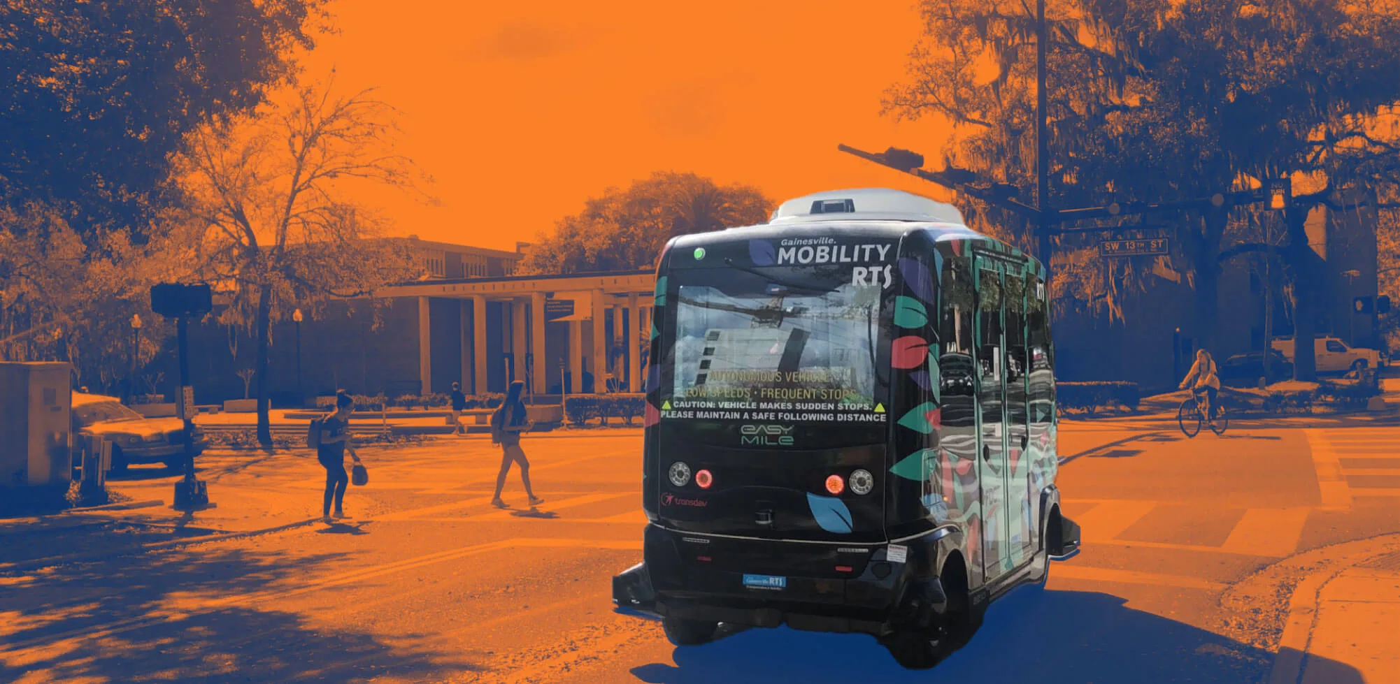 The Gainesville Autonomous Shuttle by the UF Fine Arts building