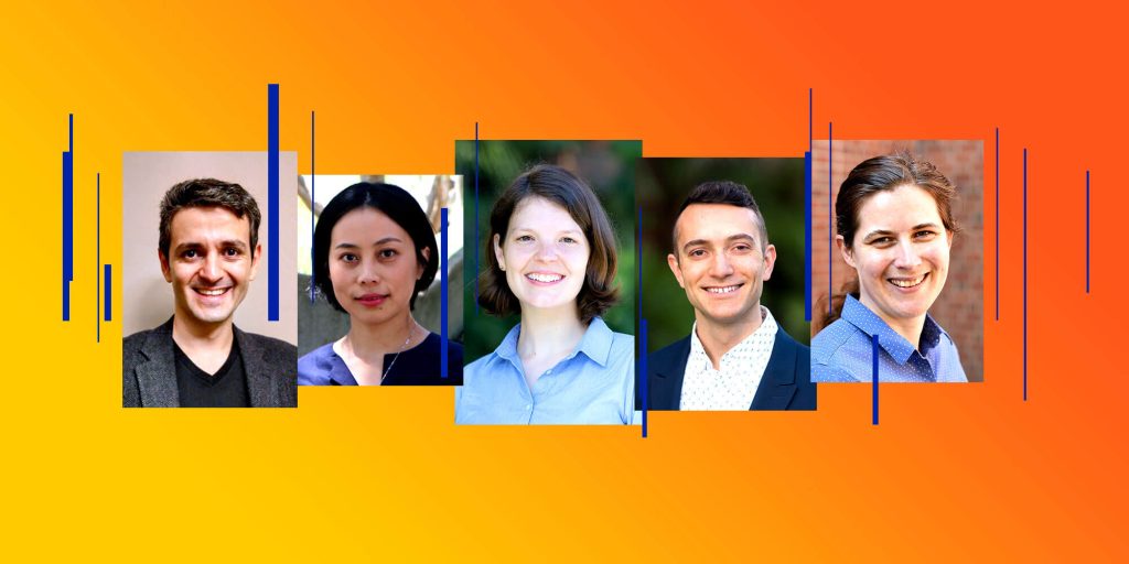 From left: Navid Asadi, Ph.D., Assistant Professor, ECE; Jie Fu, Ph.D., Assistant Professor, ECE; Amanda Krause, Ph.D., Assistant Professor, MSE; Ryan Need, Ph.D., Assistant Professor, MSE; Kathe Todd-Brown, Ph.D., Assistant Professor, ESSIE