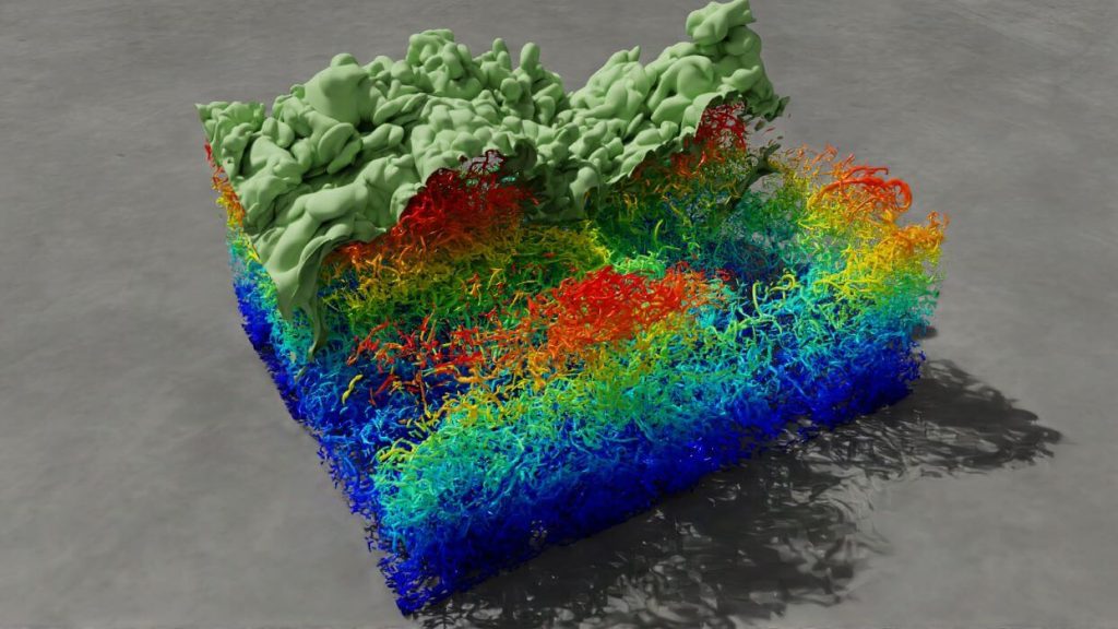 A section of a rising thermal wall plume reveals the intricate structure of eddies of air. Each tube represents a different turbulent vortex. (Sivaramakrishnan Balachandar lab)