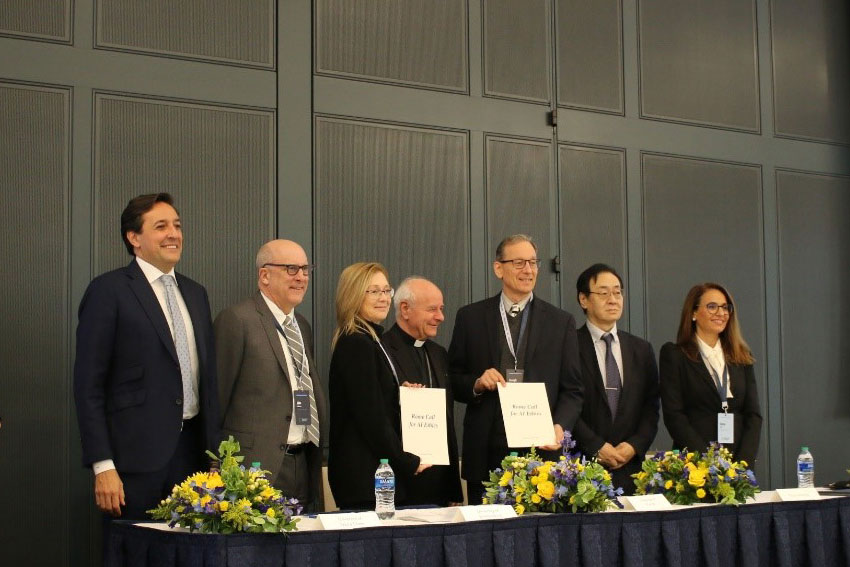 Joseph Glover, UF provost and senior vice president of academic affairs, and invited participants at the Global University Summit at Notre Dame University, where seven universities formally signed the Rome Call for AI Ethics.