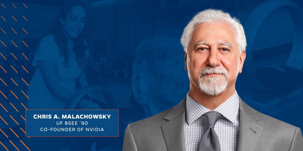 Portrait of Chris A. Malachowsky (UF BSEE '80), co-founder of NVIDIA, on a background of a screened image of a Herbert Wertheim College of Engineering student's induction into the Order of the Engineer