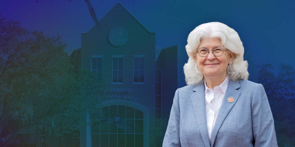 Cammy Abernathy, Ph.D., superimposed over Emerson Alumni Hall on the University of Florida campus