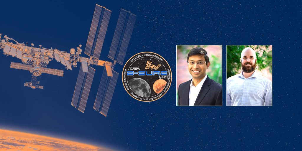 The International Space Station on a dark background, with photos of Amor Menezes, Sam Niemi and the DARPA B-SURE project seal