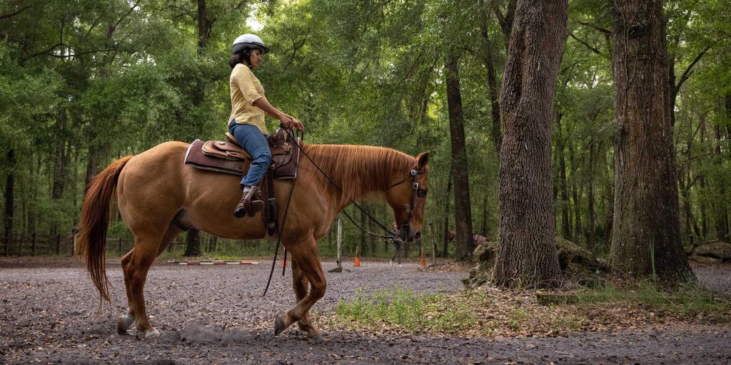 A woman rides a horse on a wooded trail. The horse is facing the right side of the image.