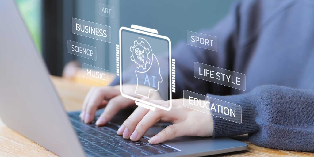 A woman's hands are pictures typing on a keyboard with graphics superimposed and the words art, business, science, music, sport, lifestyle, education