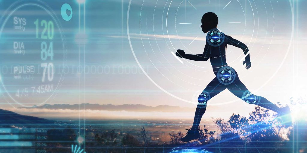 Image of a male runner outside with health and fitness stats superimposed