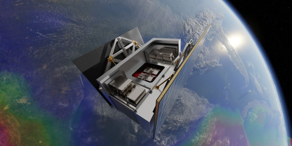 The GRATTIS spacecraft in Earth orbit with two Gravitational Reference Sensors on board. (credit Simon Barke/UF)