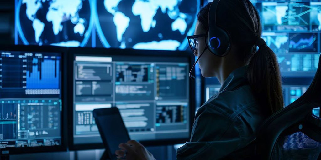 A woman works on a tablet before several screens showing national security data.
