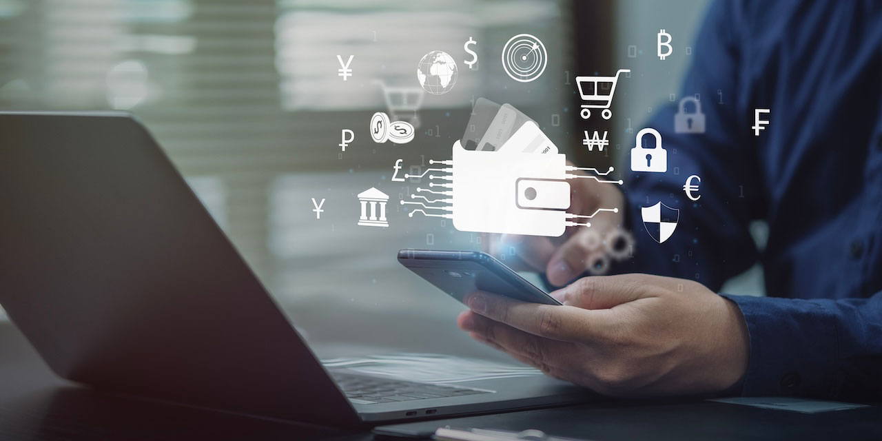 A person uses a cellphone, with superimposed icons representing various financial apps in use