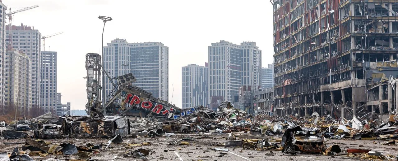 A bombed city street in Ukraine