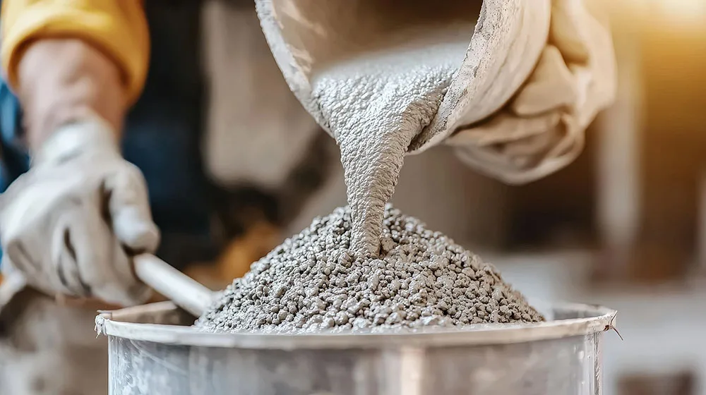 A construction worker pours concrete mix into a bucket, showcasi