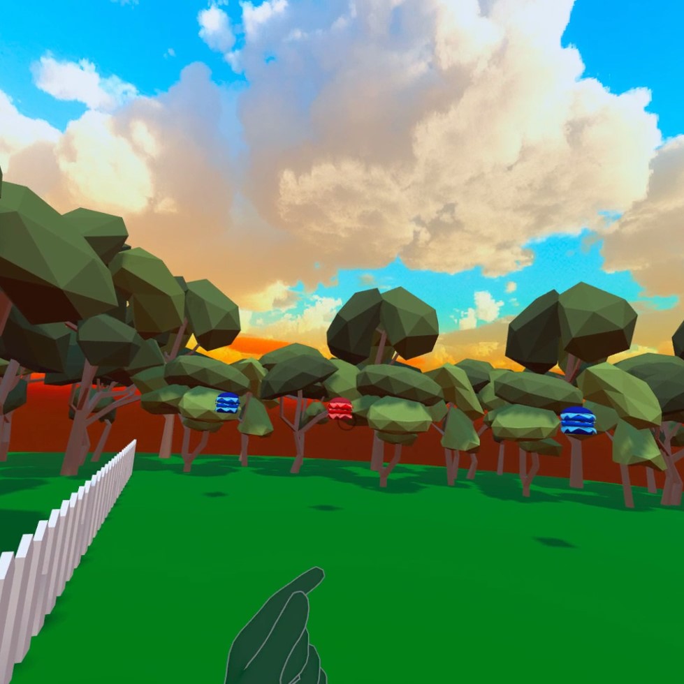 VR point and shoot game with the gaze pointer visualized as a circle and the pinch gesture to destroy the target.