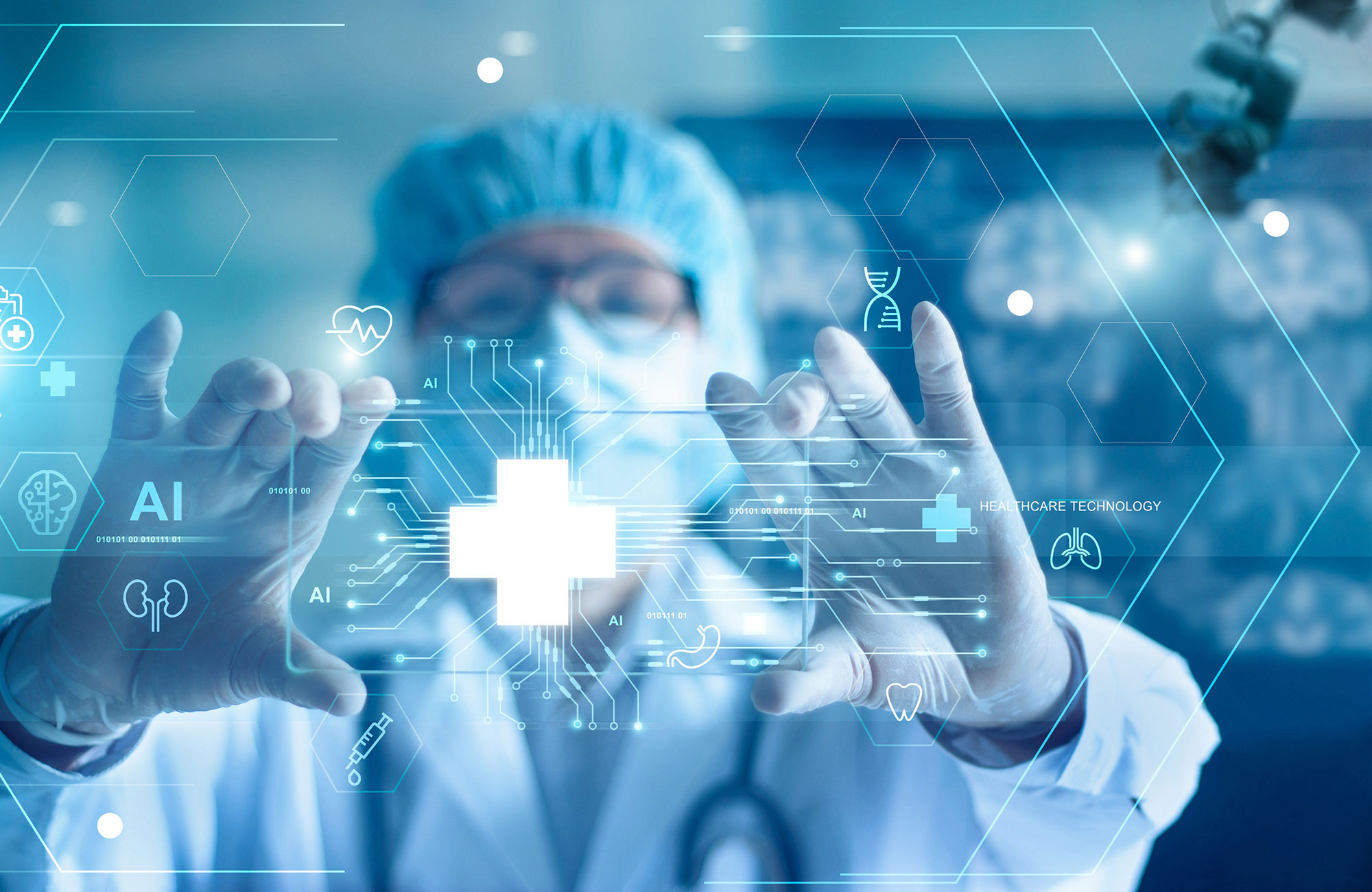 A masked health care professional puts gloved hands up behind a graphic denoting AI in health care.