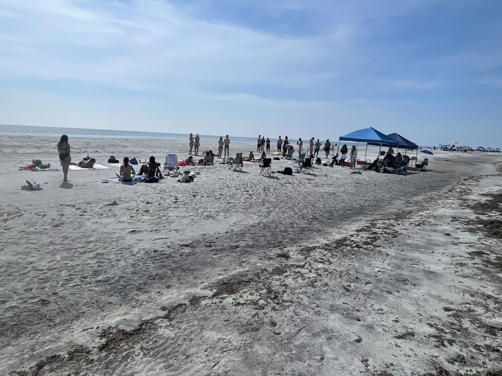 A far shot of a group of students, some of laid out on beach towels, other are standing around and playing cornhole. 