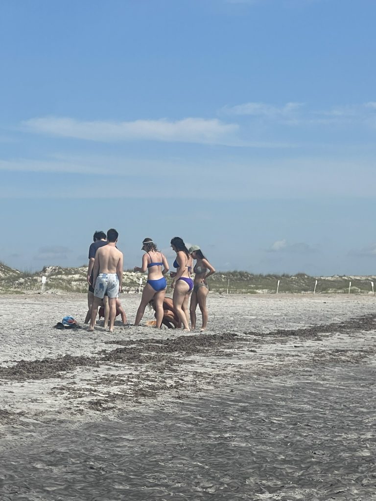 Students working to dig a hole in the sand. 