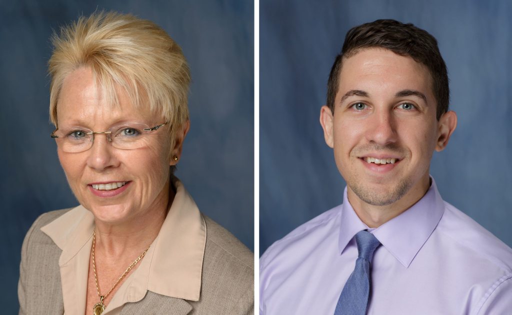 Photo shows Dr. Classen - a woman with short blonde hair, and Dr. Mason - a man with short brown hair.