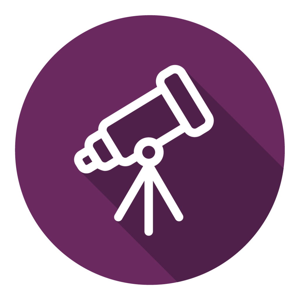 Purple icon representing Discovery & Innovation, showing a graphic of a telescope