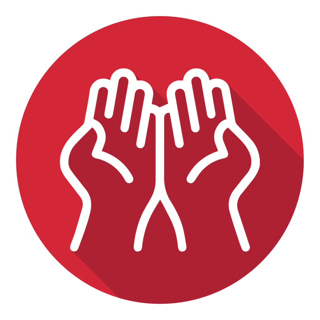 Red icon representing Inclusion, showing a graphic of an open pair of hands