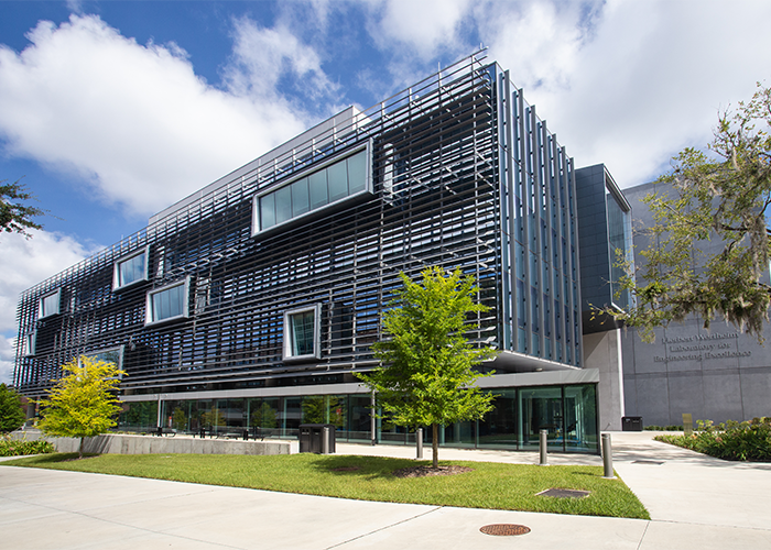 An exterior photo of the Herbert Wertheim Laboratory for Engineering Excellence