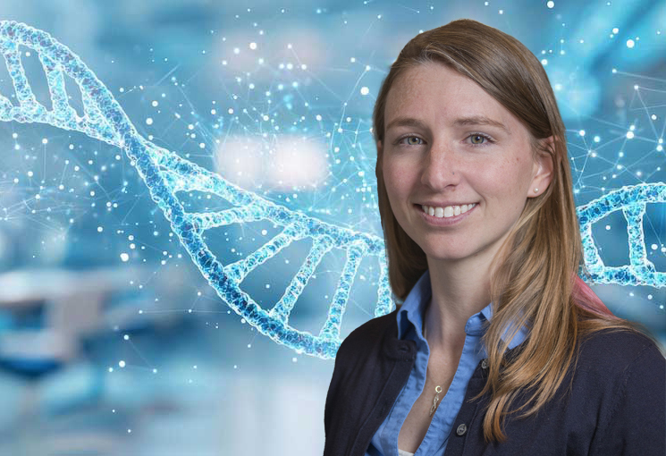 Abstract representation of DNA with a modern laboratory background with Kiley Graim